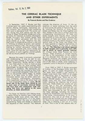 An article published in "Tebiwa" entitled "The Corbiac Blade Technique and Other Experiments"