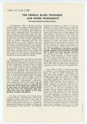 An article published in "Tebiwa" entitled "The Corbiac Blade Technique and Other Experiments"