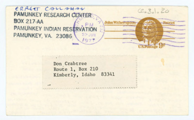 Note to Donald Crabtree thanking and complementing Crabtree's work and informing him of the Pamunkey Museum's collection.