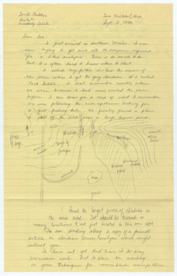 Letter in which Clark describes the area he found different obsidian in Mexico. Clark includes a detailed drawing of the area discusses his current and future work. Includes the envelope.