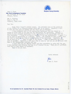 Letter to Donald Crabtree discussing Clark's experiments with percussion techniques. Includes images of artifacts from the La Joya quarry in Guatemala. Includes the envelope.