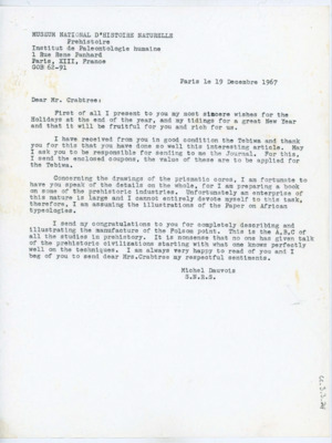Letter to Donald Crabtree discussing the Tebiwa article Crabtree recently wrote. Dauvois asks Crabtree to to discuss the drawings of the prismatic cores and thanks him for describing the Folsom point.