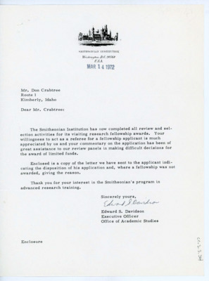 Letter to Donald Crabtree from Edward S. Davidson