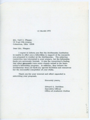 Letter to Carl J. Phagan from Edward S. Davidson of the Smithsonian Institute
