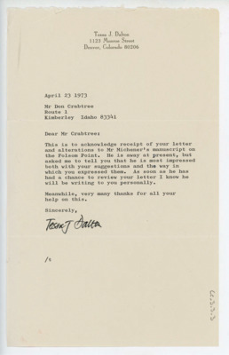 Letter from Tessa J. Dalton to Donald Crabtree