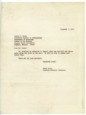 Letter to Leslie B. Davis from Wendy Kerbs