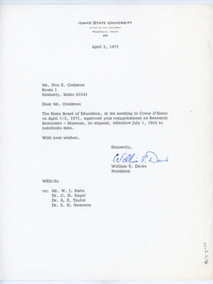 Letter between William E. Davis of Idaho State University and Donald Crabtree