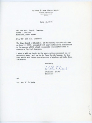 Letter between Donald and Evelyn Crabtree and William E. Davis