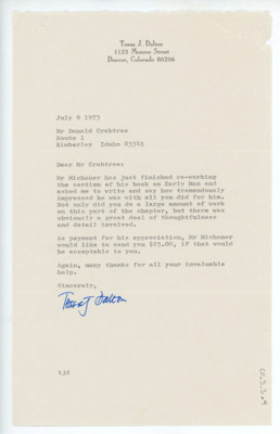 Letter from Tessa J. Dalton to Donald Crabtree on behalf of James Michener