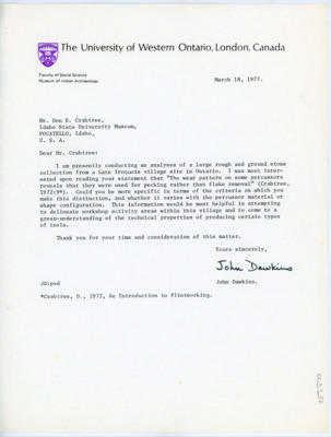 Letter between Donald Crabtree and John Dawkins