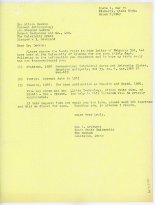 Letter from Donald Crabtree to Alison Dawson