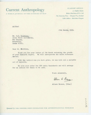 Letter from Alison Dawson to Donald Crabtree