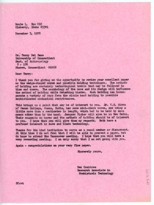 Letter to Terry Del Bene from Donald Crabtree