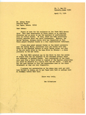 Letter to Johnny Dixon from Donald Crabtree