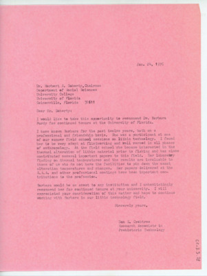 Letter to Herbert Doherty recommending Dr. Barbara Purdy for tenure at University of Florida. Crabtree writes she is a valuable lithic researcher who has contributed much to the fields of anthropology and archaeology.