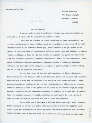 Letter to Donald Crabtree applying for Crabtree's flintworking school in the summer of 1975. Dominique discusses his interest in lithic technology and his past experience.