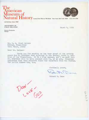 Letter from Robert W. Dana to Mr. O. A. (Gus) Kelker