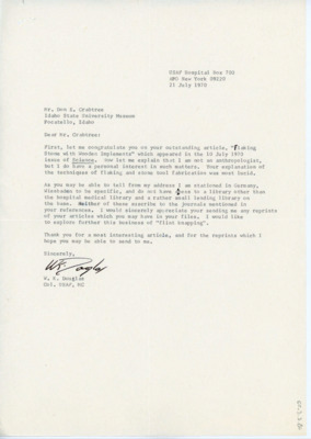 Letter to Donald Crabtree congratulating him on his published article, "Flaking Stone with Wooden Implements." Douglas asks Crabtree to send other prints of his articles on flintknapping.