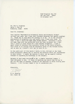 Letter to Donald Crabtree discussing Crabtree's article, "Mesoamerican Polyhedral Cores and Prismatic Blades." Douglas feels more confident about trying flintknapping out in his own practice and that he feels obliged to help Crabtree him with anything from Germany.