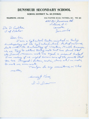 Letter to Donald Crabtree asking if Drew could borrow some of the points that Crabtree made in order to teach more about western archaeology in his high school anthropology course.