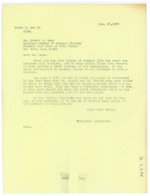 Letter to Robert W. Dana discussing Bordes and Tixier's visits with Donald Crabtree. Evelyn informs Dana that she wrote a brief history of Donald Crabtree's background.