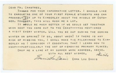 Postcard to Donald Crabtree writing that Davis plans to enroll in flintknapping field school as one of the first female students. Davis tries to plan a visit with Crabtree.