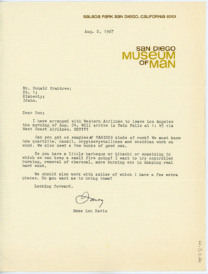 Letter to Donald Crabtree in which Davis gives Crabtree the time she will arrive in Twin Falls for their visit. She asks if he could collect a sample of various rock types for experimentation and could also keep a fire burning for heat treatment of wood.