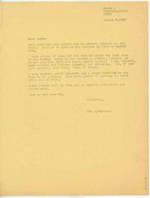 Letter between Donald Crabtree and Emma Lou Davis