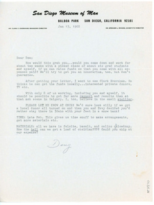 Letter to Donald Crabtree asking if he would be interested in teaching a two week class to grad students in California. She also asks if he could ship in some obsidian for the class.