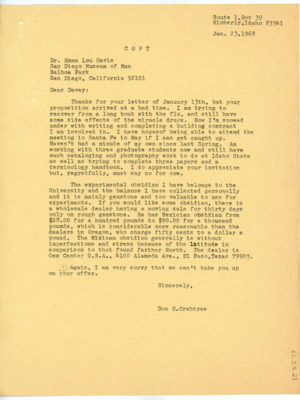 Letter between Donald Crabtree and Emma Lou Davis