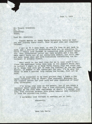 Letter between Donald Crabtree and Emma Lou Davis