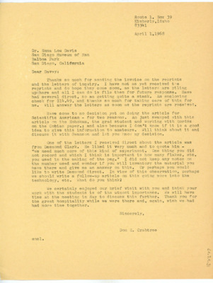 Letter between Emma Lou Davis and Donald Crabtree