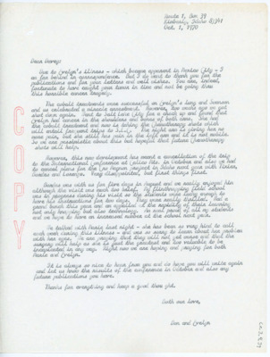 Letter to Emma Lou Davis explaining Evelyn Crabtree's cancer as the outlook is poor. The Crabtrees cancelled some planned trips as a result. Crabtree's flintknapping school was a success and Francois Bordes was able to visit and help out.