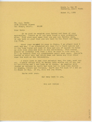 Letter between Donald Crabtree and Emma Lou Davis
