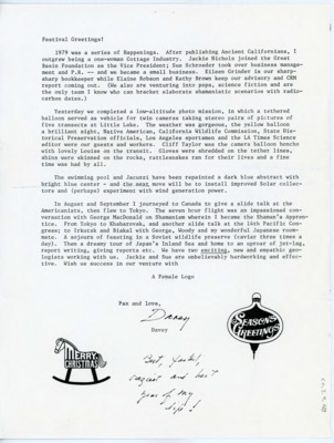 Holiday letter to friends and family from Emma Lou Davis that first discusses the development of the Great Basin Foundation into a small business. Davis further discusses a recent photo mission project, her home renovations, and travels.