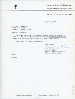 Letter between Marlene Ellen and Donald Crabtree