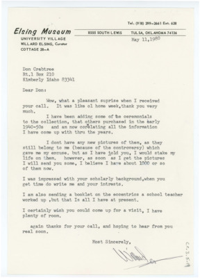 Letter between Donald Crabtree and Willard Elsing