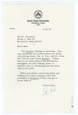 Letter to Donald Crabtree listing the questions Crabtree must answer for "Science" magazine. Original creator of the letter is unknown. It was likely a staff member at Idaho State University, though the signature is illegible.