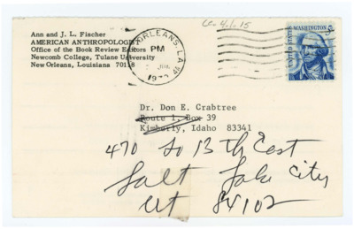 Postcard between Donald Crabtree and Ann and J. L. Fischer
