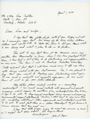 Letter between Donald and Evelyn Crabtree and John L. Fagan