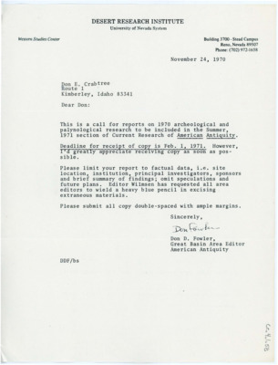 Letter from Don D. Fowler to Donald Crabtree