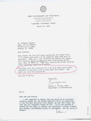 Letter from George C. Frison to Ruthann Knudson