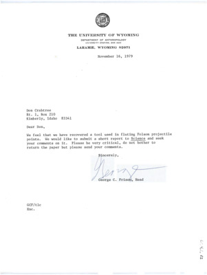 Letter from George C. Frison to Donald Crabtree