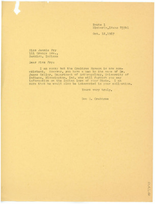 Letter from Donald E. Crabtree to Jennie Fry
