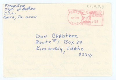 Postcard to Donald Crabtree from Jeff Flenniken