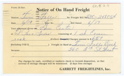 Notice of Hand Freight