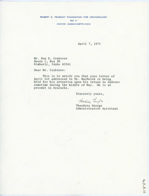 Letter from Theodora George to Donald Crabtree
