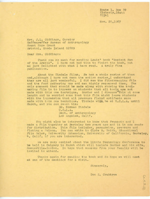 Letter to J. L. Giddings from Donald Crabtree