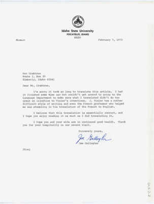Letter from Joe Gallagher to Donald Crabtree