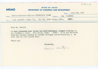 Note to Mr. Oswald from Dorine Goertzen and sent to Donald Crabtree